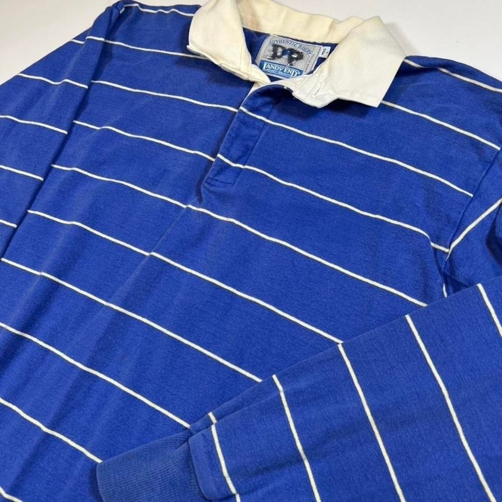 Vintage 90s lands end heavyweight striped preppy rugby shirt Large light blue
